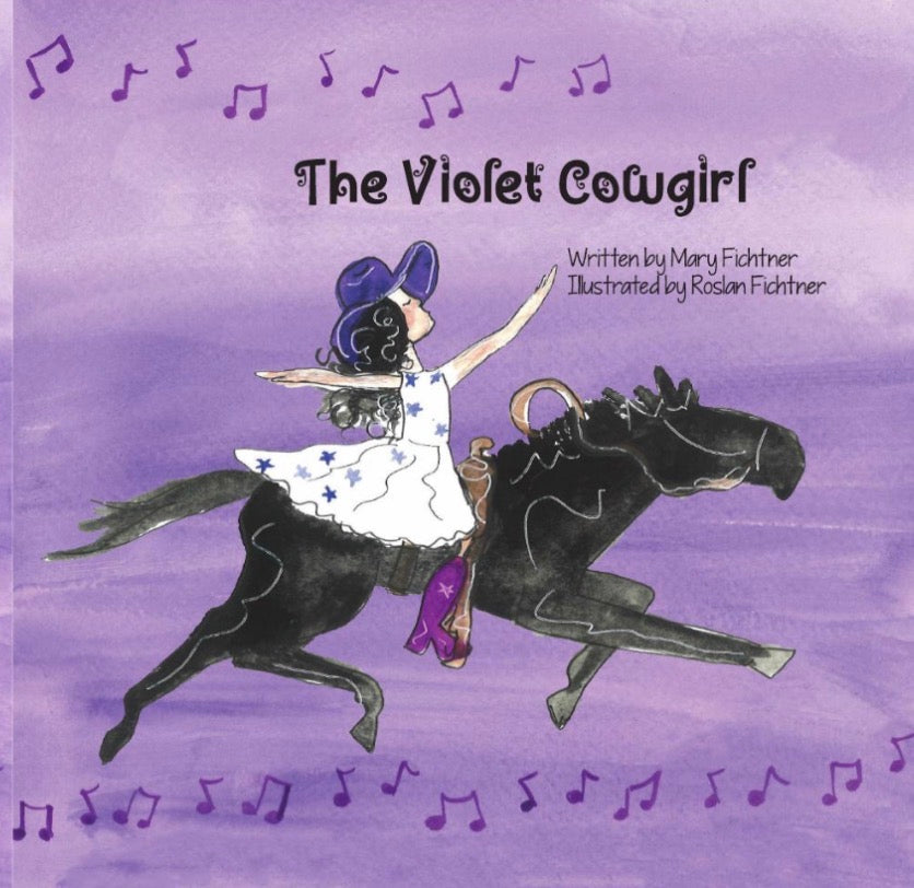 Book cover of 'The Violet Cowgirl' kids' book with a cowgirl riding a horse on a purple background.