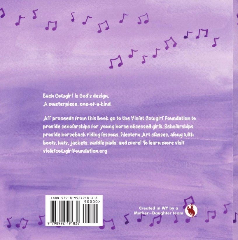 Back cover of "The Violet Cowgirl" with purple design, text, and music notes on a purple background