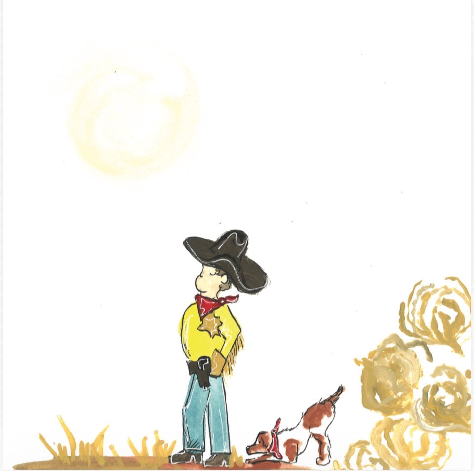 A whimsical illustration of a cowboy standing in a field with a small dog, rendered in simple line art with a pale yellow sun and tumbleweeds on a white background.