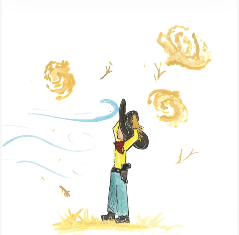 A stylized illustration of a cowboy standing outdoors with a large black hat, wearing a yellow shirt and blue pants. Tumbleweeds and small branches blow around them on a white background.