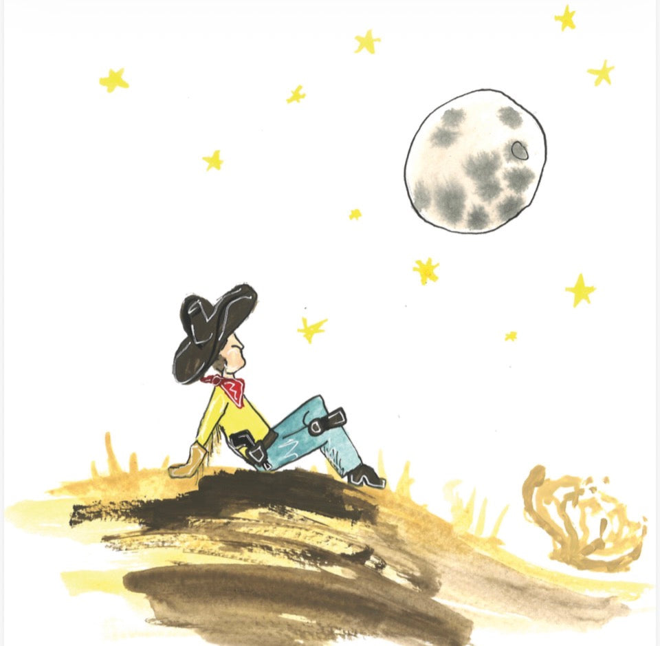 A whimsical watercolor-style illustration of a cowboy sitting on a hill under a large moon and yellow stars, with a tumbleweed at the lower right.