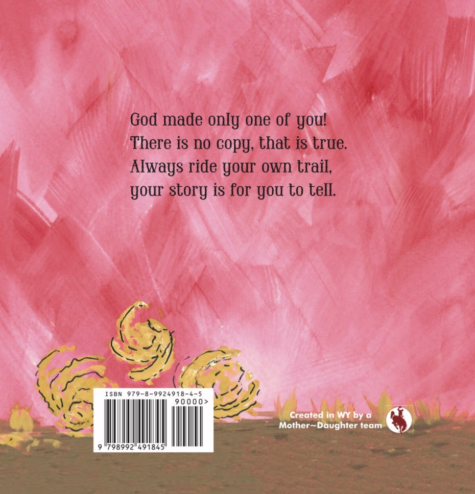 Back cover of a children's book featuring a red watercolor-style background, dark text with an inspirational quote, a barcode with ISBN at the bottom left, and an illustration tumbleweeds at the bottom.